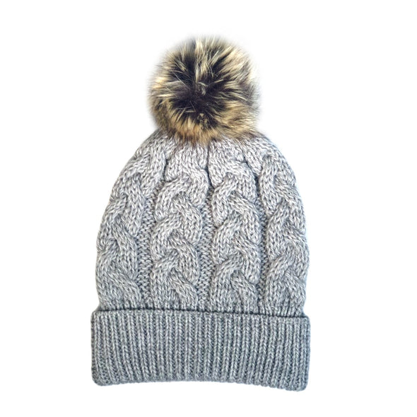 Aran Cable Knit Beanie with Faux Fur Pom Pom [ 5 Colors ]