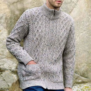 Beige Irish Men's Merino Wool Zip Cardigan