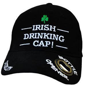 black baseball cap with "Irish Drinking Cap!" on the front, plus a bottle opener on the bill
