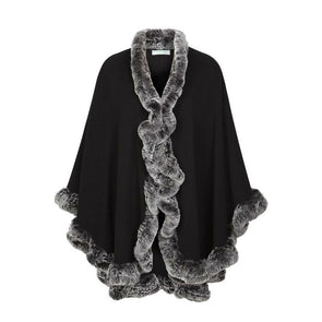 black wool & cashmere blend cape with rabbit fur trim