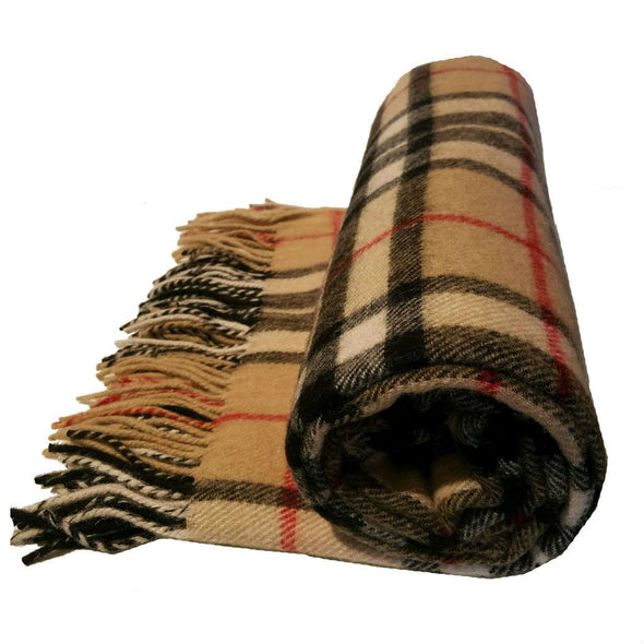 beige tartan plaid wool blanket, Burberry (Camel Thomson) tartan