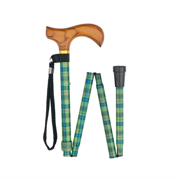 foldable green plaid cane with wooden handle