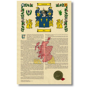 Parchment Paper with Surname History, Coat of Arms, a Seal and Ribbon