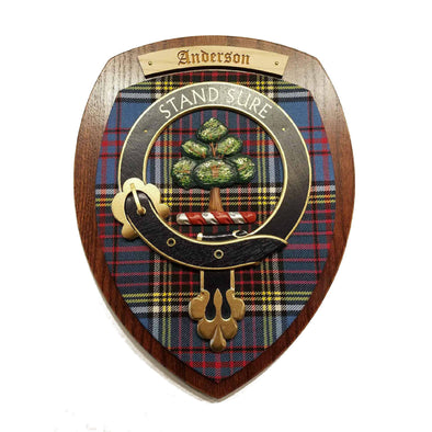 wooden wall plaque with Anderson family crest & tartan