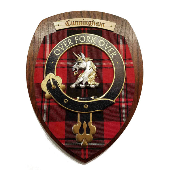 wooden wall plaque with Cunningham family crest & tartan