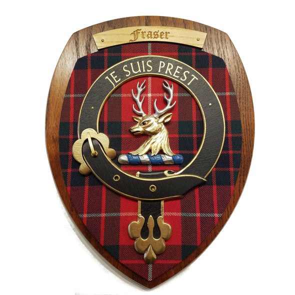 wooden wall plaque with Fraser family crest & tartan