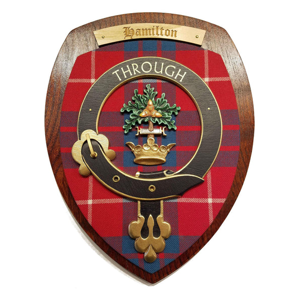 wooden wall plaque with Hamilton family crest & tartan