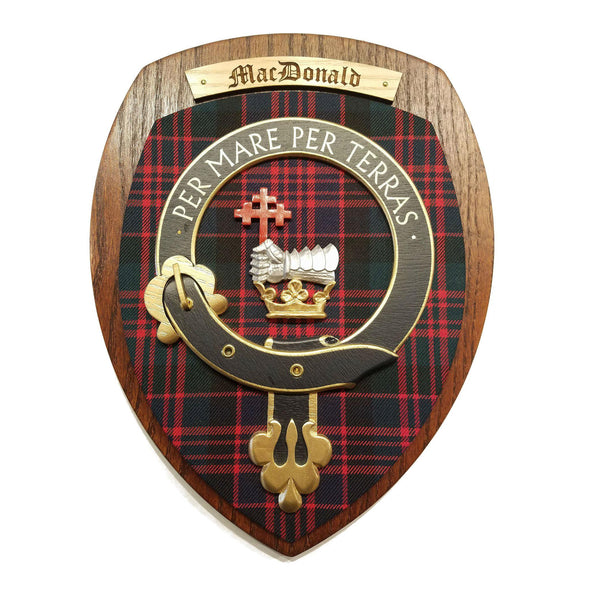 wooden wall plaque with MacDonald family crest & tartan