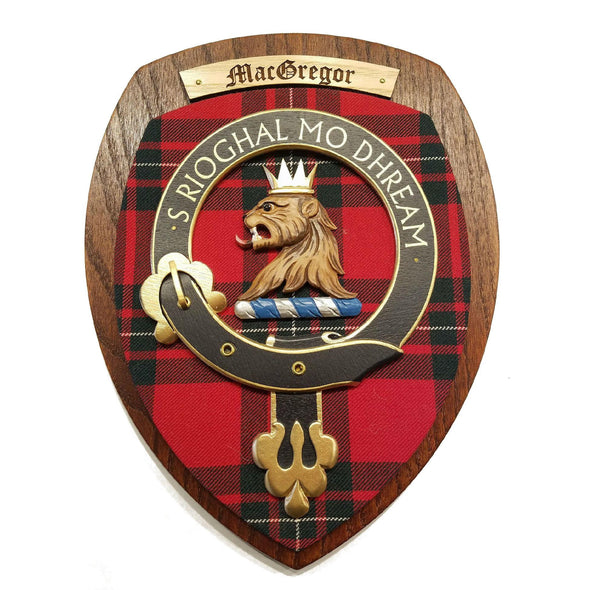 wooden wall plaque with MacGregor family crest & tartan