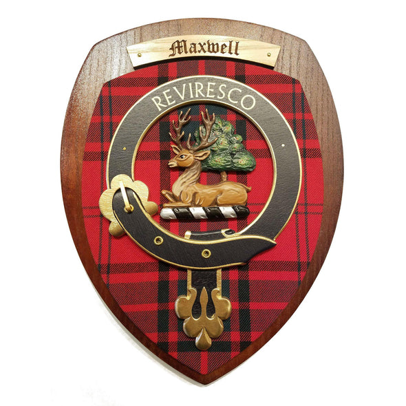wooden wall plaque with Maxwell family crest & tartan