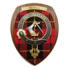 wooden wall plaque with Wallace family crest & tartan